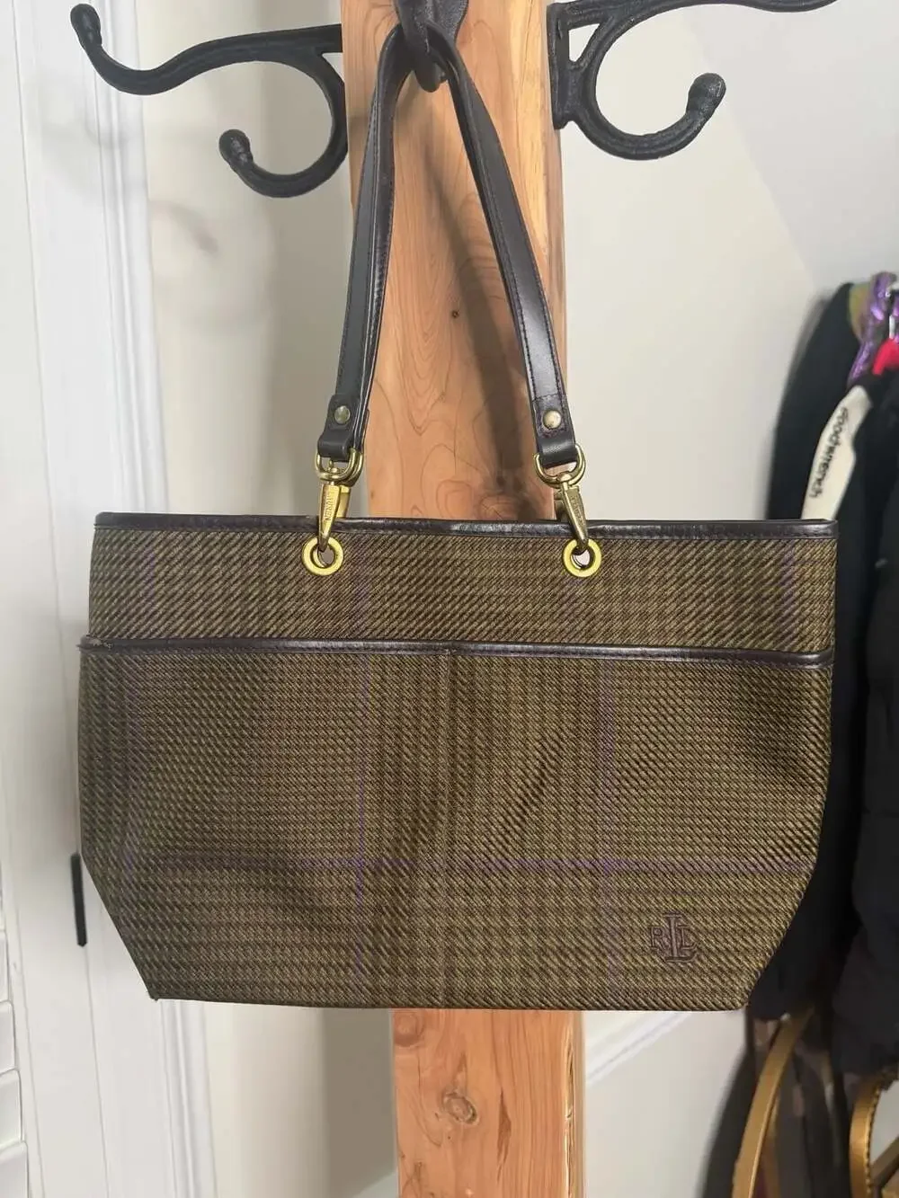 Y2K Lauren Ralph Lauren Vintage Houndstooth Plaid Tote Bag with Leather Trim